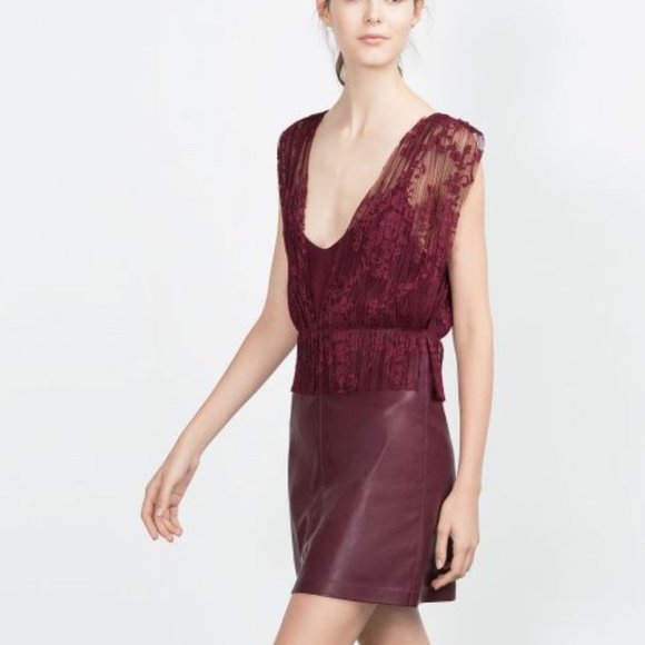 Zara Dresses & Skirts - Leather & Lace! Burgundy Backless Dress